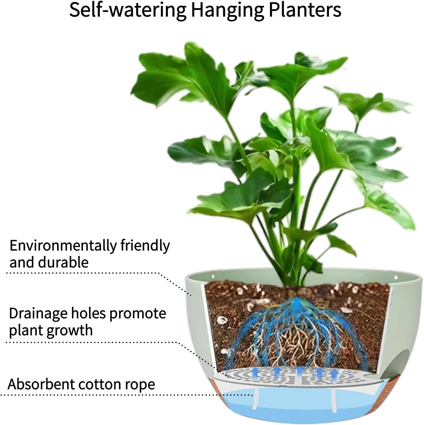 2 Pack Hanging Planters for Indoor Outdoor Plants, 12 Inch Self Watering Hanging Pot with Drainage Holes and Saucer, Plastic Plant Pots, Green Brown Flower Pots for Kitchen, Balcony, Garden