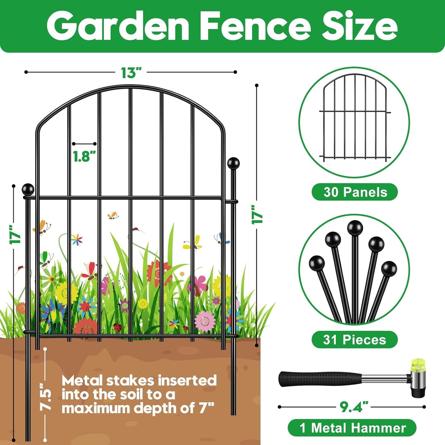 Decorative Garden Fence 17in (H) x30ft (L), Arched Rustproof Metal No Dig Fence for Dogs & Rabbit, Ornamental Animal Barrier for Flower Beds, Border Panels Fencing for Yard & Patio Outdoor Decor
