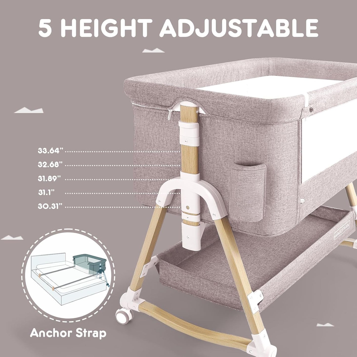 HARPPA Cuddly Bassinet, 3 in 1 Baby Bassinet Bedside Sleeper, Bedside Crib with Mattress and Wheels, Breathable Mesh, 5 Height Adjustable, Anchor Strap (Wood Grain, Khaki)