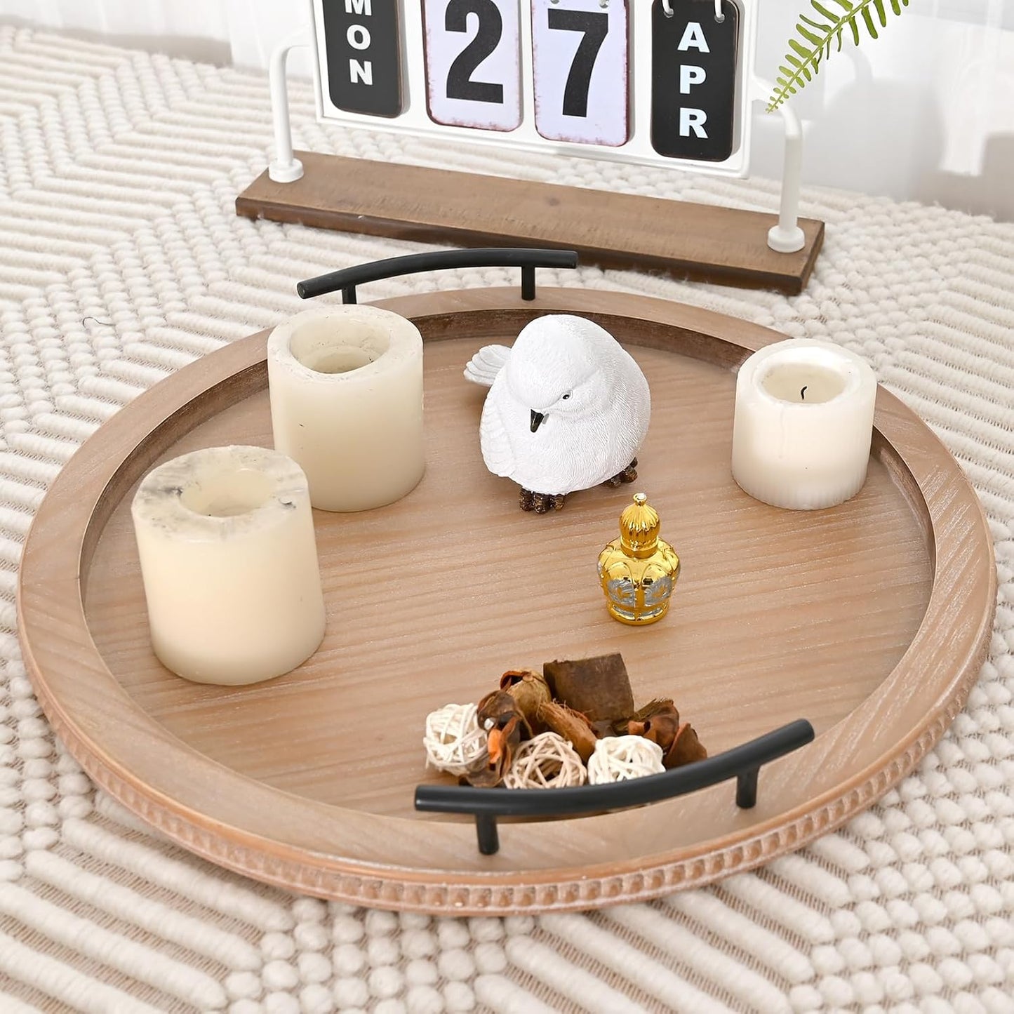 SwallowLiving 18Inch Brown Wooden Beaded Serving Tray with Handle Decorative Rustic Tray for Coffee Table Farmhouse Round Trays for Kitchen, Living Room and Bedroom