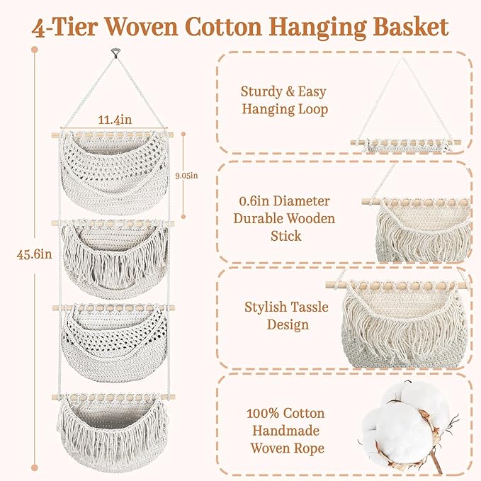 4 Tier Hanging Fruit Basket for Kitchen, 4 Pack Detachable Cotton Crocheted Wall Hanging Baskets Shelf Over Door Organizer for Fruit Veggie Plant, Hanging Storage Basket for Bathroom Bedroom(Beige)