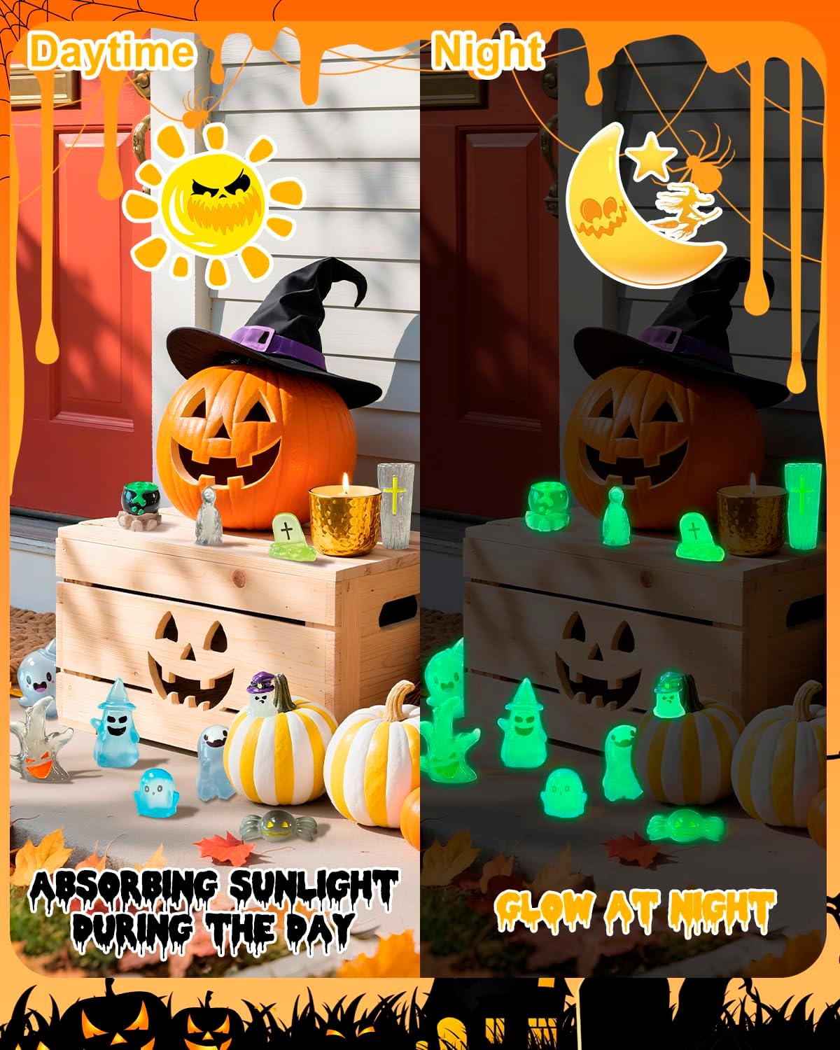 72 Pcs Halloween Mini Resin Animals Figures Kit - Luminous Tiny Resin Figurines Accessories, Glow in The Dark Miniature Ghost Figurines for Halloween Party, Micro Landscape, Tabletop Decor