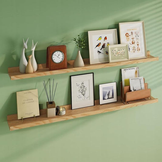 Floating Picture Ledge Shelves 55 Inch Solid Oak Wood Set of 2, Rustic Wall Storage Shelves with Lip, Kids Bookshelf, Photo & Picture Ledge Shelves for Bedroom, Living Room, Kitchen