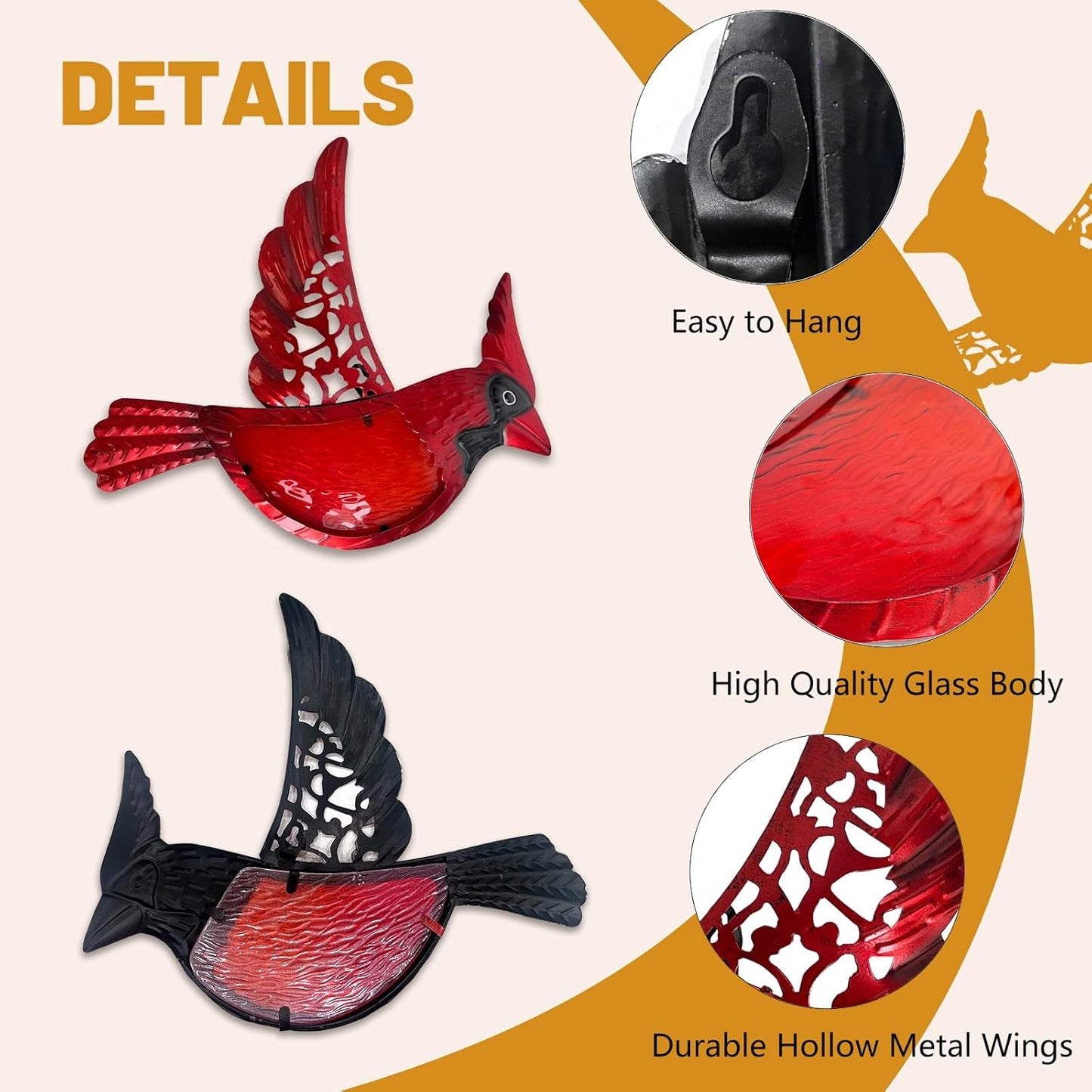 HONGLAND Metal Cardinal Wall Art 12inch Metal Birds Wall Sculpture Garden Decoration Outdoor Statue Patio Fence Hanging Plaques 2 Pack