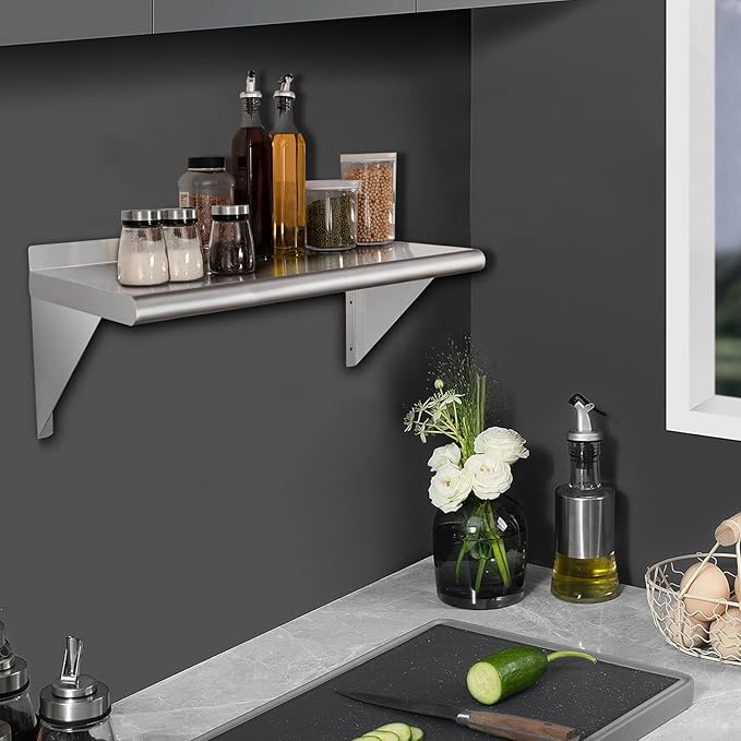 HARDURA Stainless Steel Shelf 12" x 36", 230lb Commercial Shelves Wall Mount Metal Shelving with Backsplash and Brackets for Kitchen, Restaurant, Laundry Room and Home