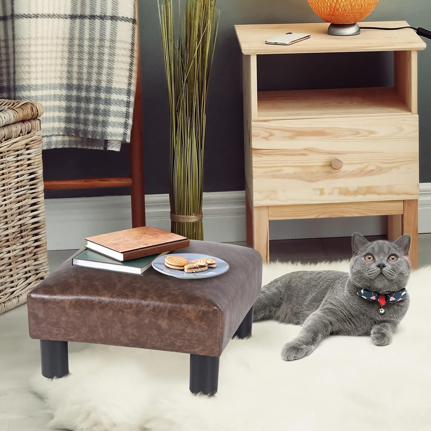 Joveco Small Footstool Ottoman Upholstered PU Leather Square Footrest Ottomans Small Foot Rest for Desk Couch Living Room Bedroom Office (Brown)