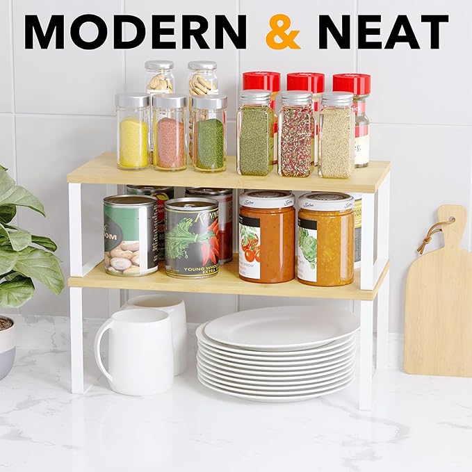 SpaceAid Cabinet Shelf Organizers 2 Pack, Kitchen Counter Rack Shelves Riser, Stackable Expandable Spice Rack, Pantry Cupboard Storage Organization (White and Natural, Long)