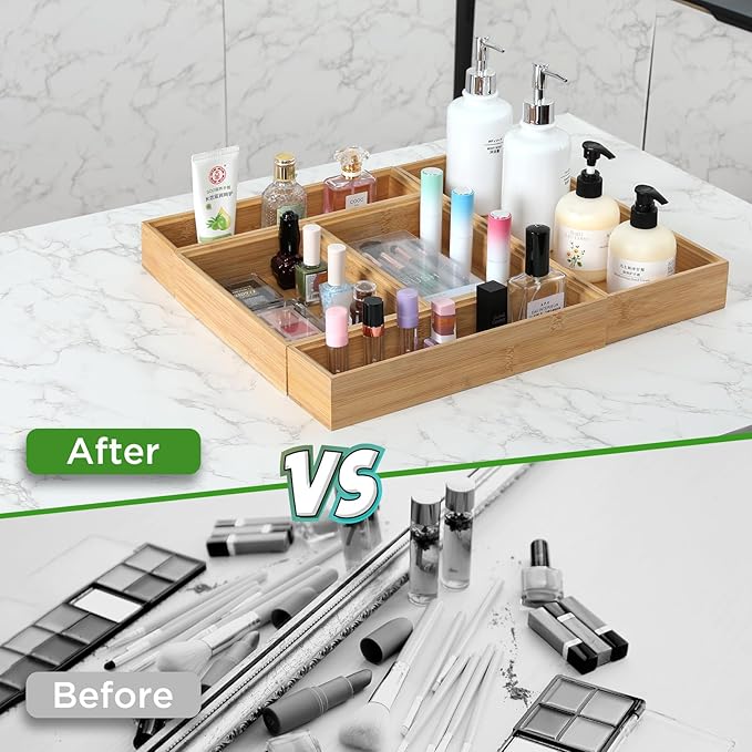 Bamboo Drawer Organizer, 2PCS Stackable Storage Boxes for Utensil Organizer, Wood Tray for kitchen, Bathroom and Bedroom 12" x 3" x 2"