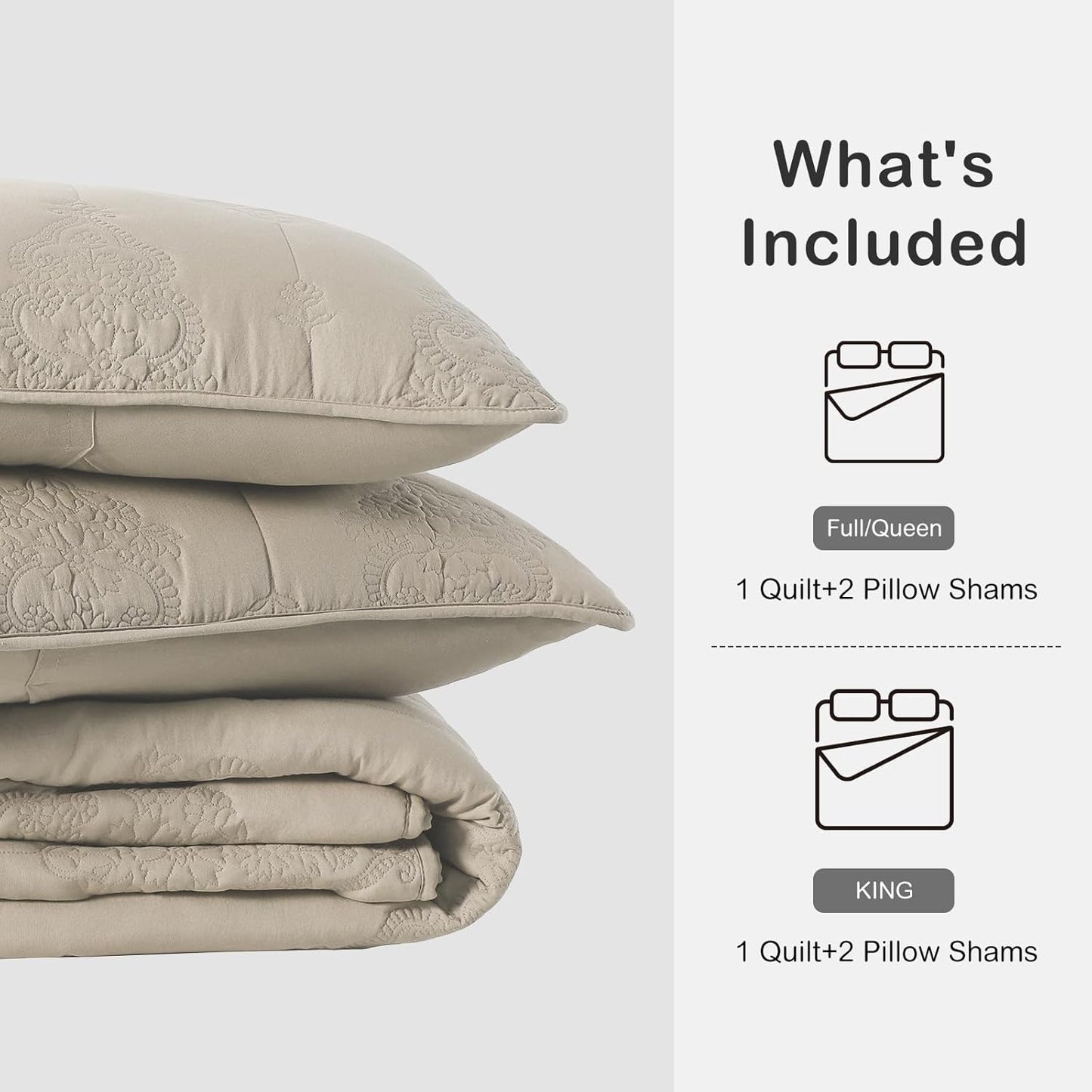 HORIMOTE HOME Khaki Quilt King Size Floral Quilt Bedspread Lightweight Soft Pre-Washed Microfiber Bedcover, 3 Pieces Thin Comforter Bed Cover Bedding Set for All Season