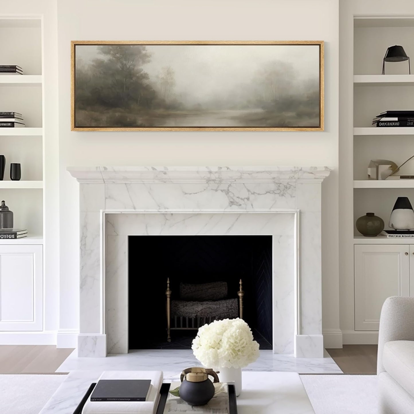 MUDECOR Large Framed Canvas Print Wall Art Misty Forest River Landscape Neutral Tones Nature Illustrations Decorative Colorful for Bedroom - 60"x20"