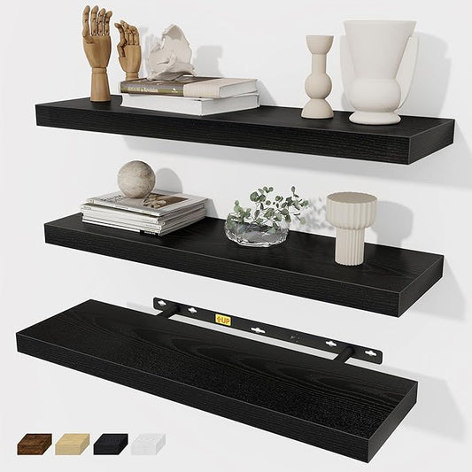 Fun Memories Black Floating Shelves Wall Shelf 24 Inch Long, Rustic Bathroom Shelves, Wall Mounted Wood Floating Shelf for Kitchen, Living Room, Bedroom, 24 x 6.7 x 1.4 inch Set of 3