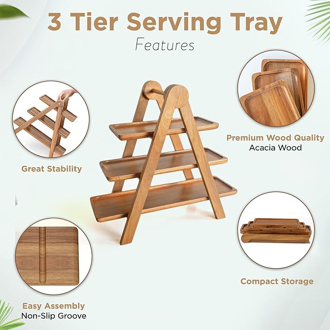 MAJURI 3 Tier Wooden Serving Tray, Set of 2 Tongs Free, Tiered Serving Trays & Platters for Party, Wedding, Picnic, Your Perfect Elevated Charcuterie Stand and for 3 Tiered Dessert Stand Lovers