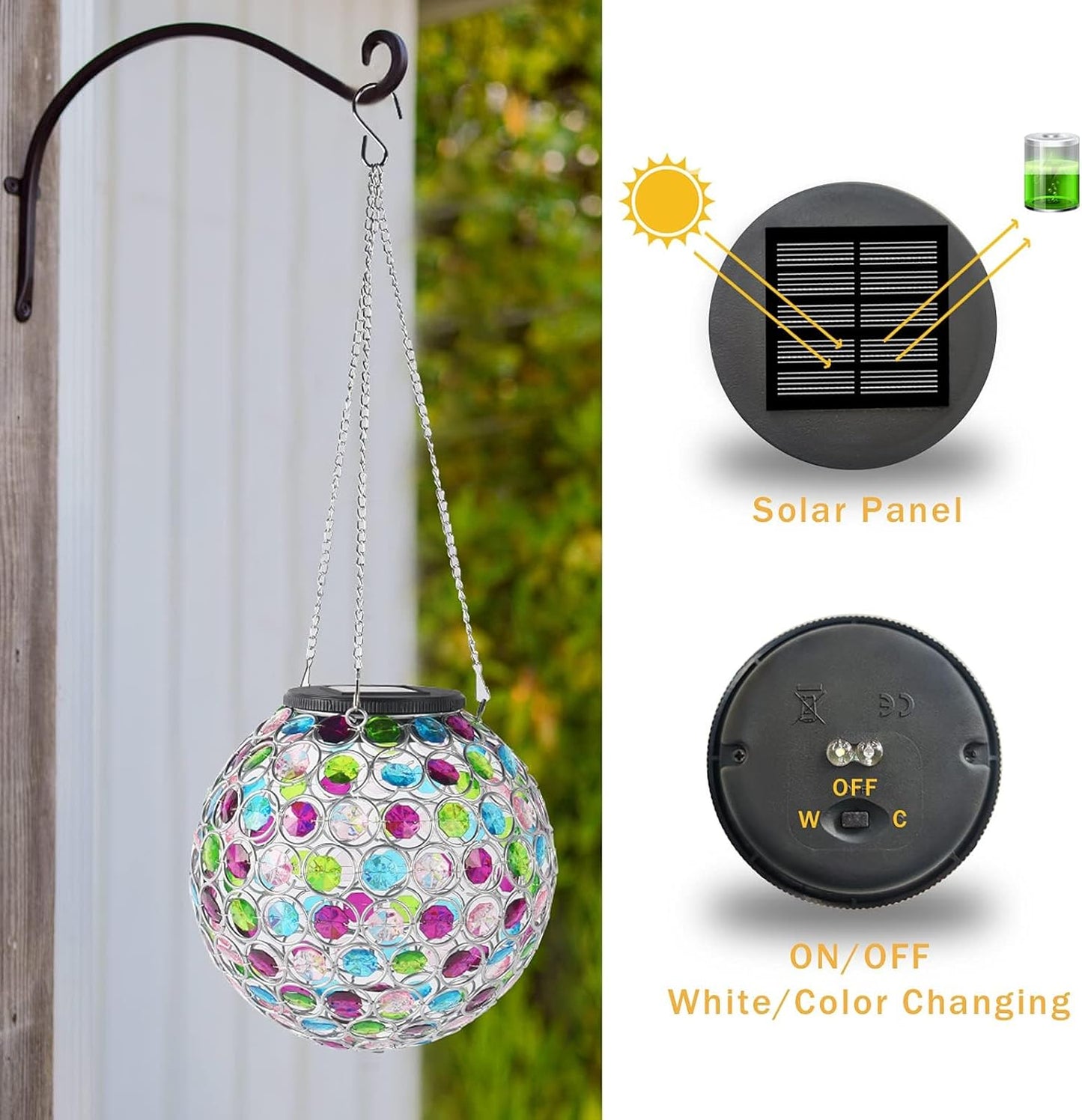 Solar Hanging Lantern Outdoor Lights, Dual LEDs Color Changing and Cool White Hanging Light Waterproof Crystal Globe Lamp Decoration in Garden, Pathway, Front Door - Multi Color