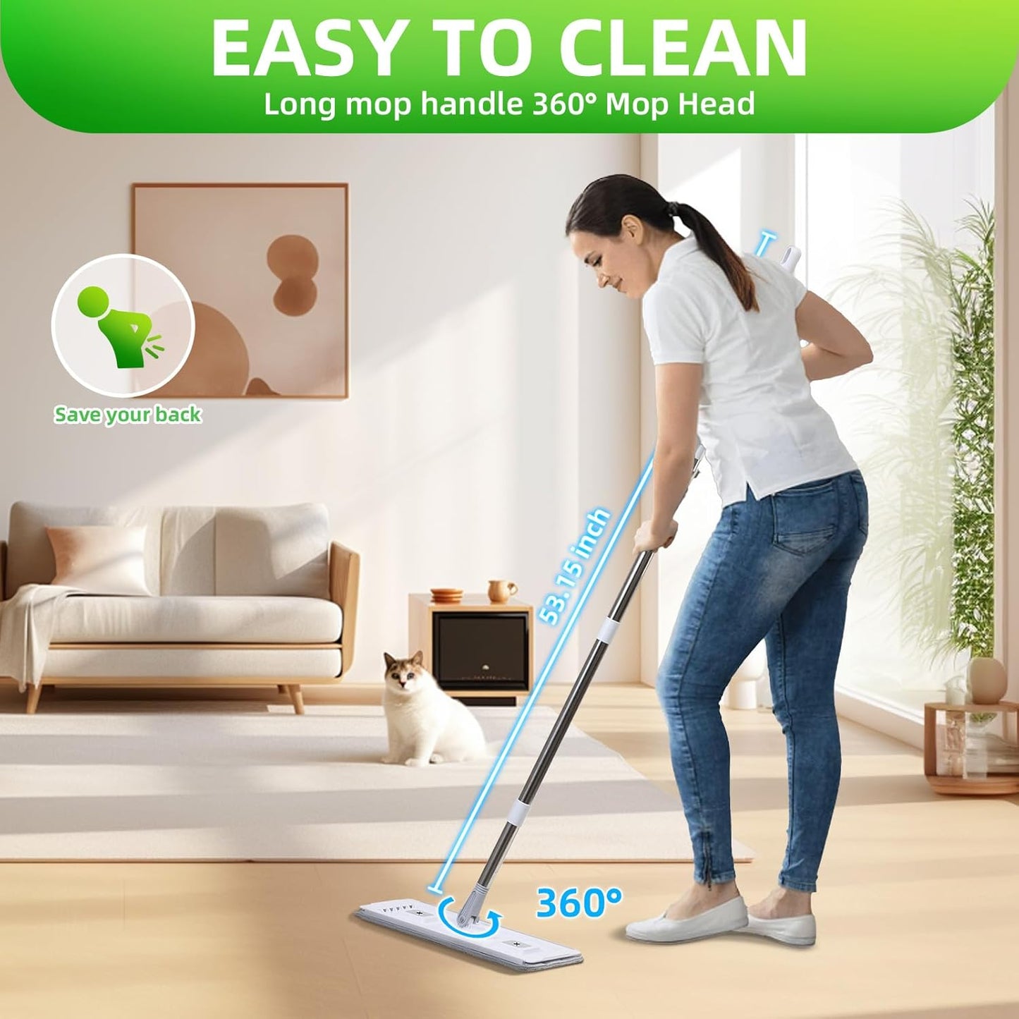 Mop and Bucket Set with Wringer Flat Mop Bucket System for Home Floor Cleaning,6 Reusable Microfiber Pads,Extended Stainless Steel Handle,Ideal for Hardwood,Wood,Laminate Floors,and Bathroom Mop