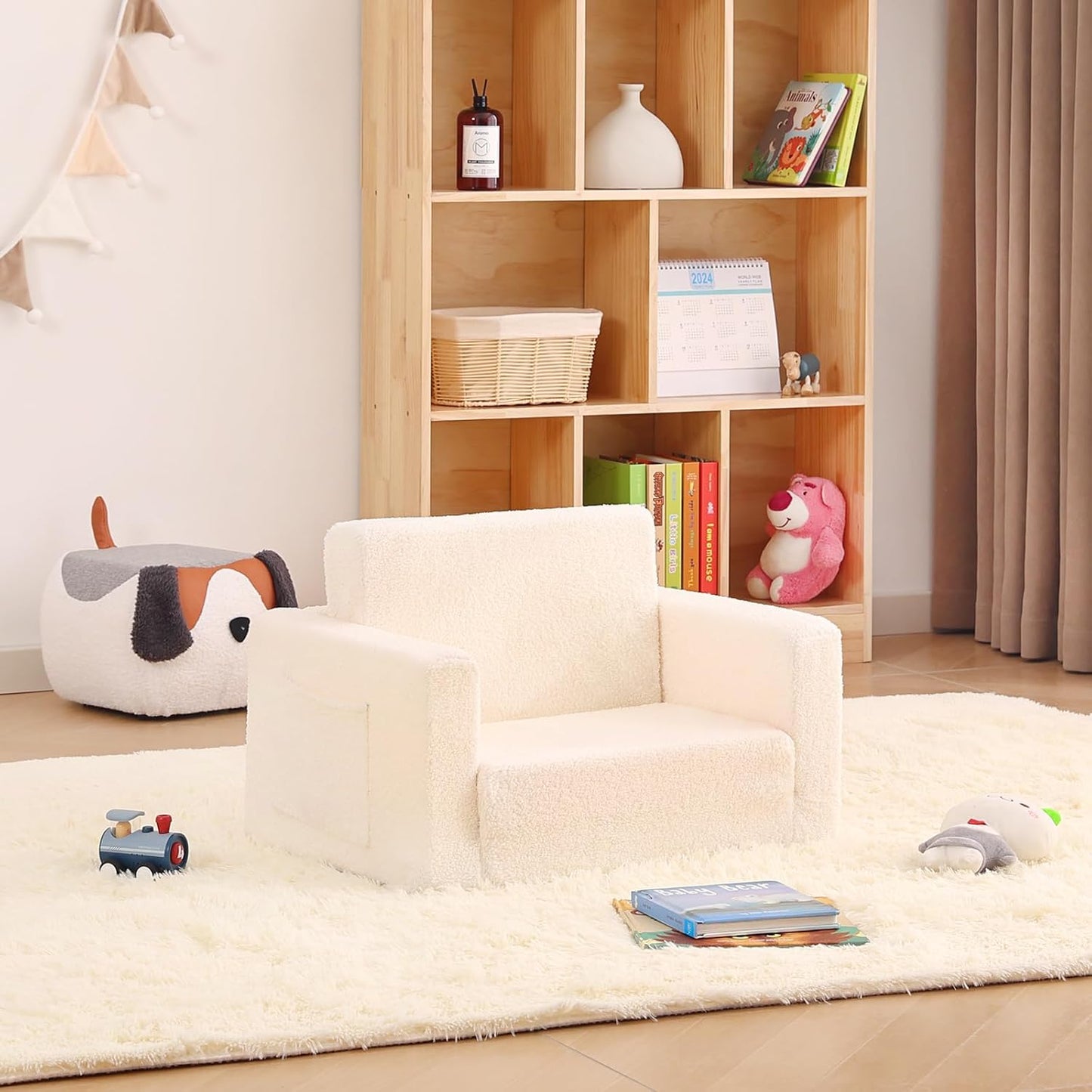 Toddler Chair Sherpa Kids Couch, 2-in-1 Soft Kids Sofa Lounger for Bedroom, Convertible Couch for Girls and Boys, Reading Chair, Beige