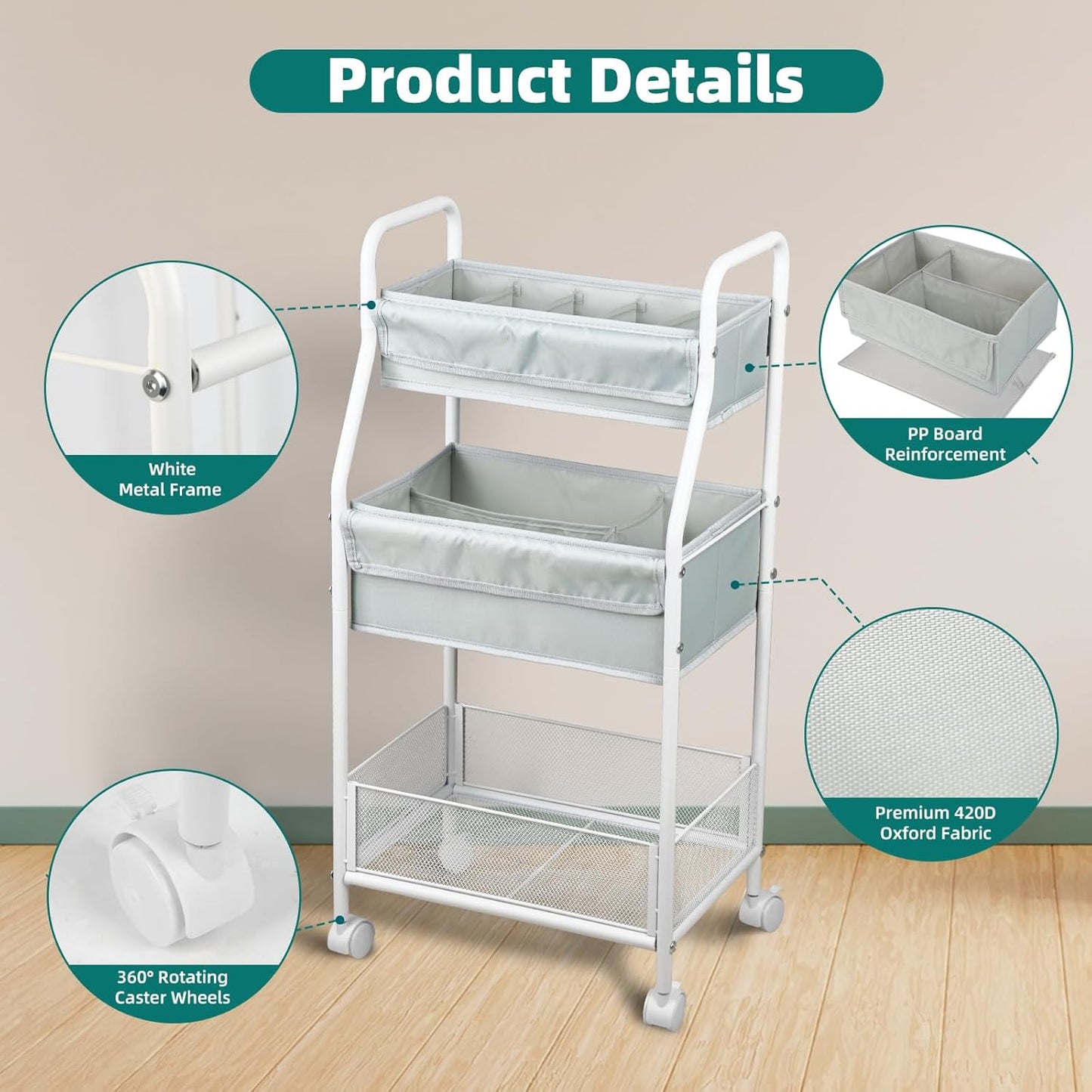 Moteph Rolling Utility Cart with Wheels - Baby Organizers for Nursery Essentials, Diaper Organizer, Art & Craft Storage, Book Cart (Without_Side_Storage)