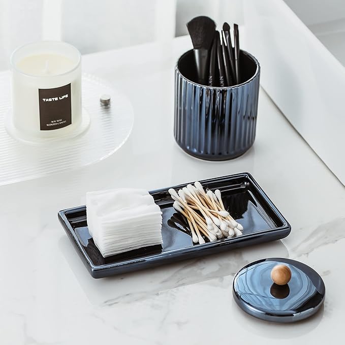Qtip Holder Bathroom Set with Tray(3PCS) - 2 Piece 12 oz Blue Apothecary Jar Canister with Lid and 1 Pack Ceramic Vanity Tray