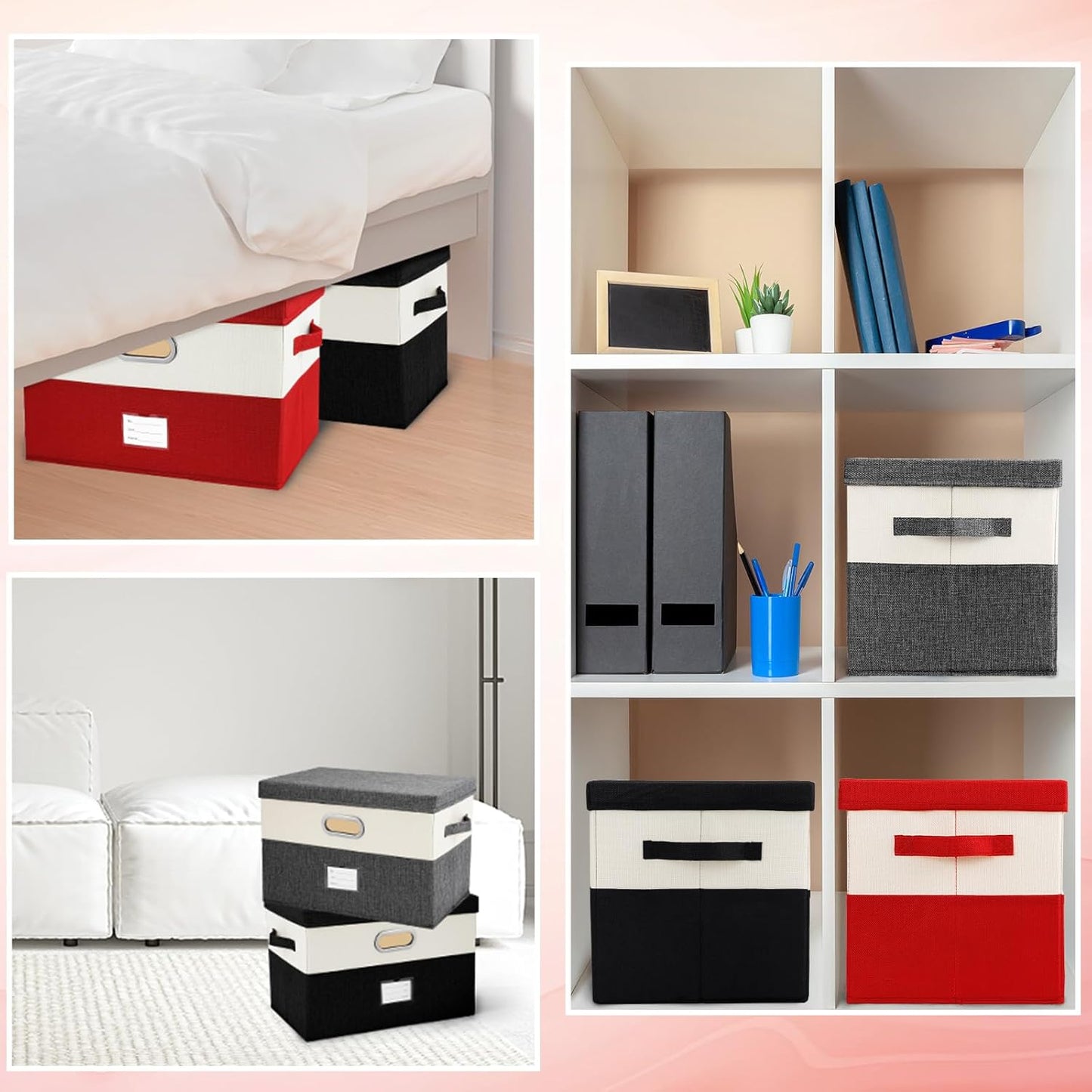 Large Linen Fabric Foldable Storage Bins with Removable Lid and Handles, Washable Storage Box Organizer Containers Baskets Cube with Cover for Bedroom,Closet,Office(Grey&Cream, Large(2-Pack))