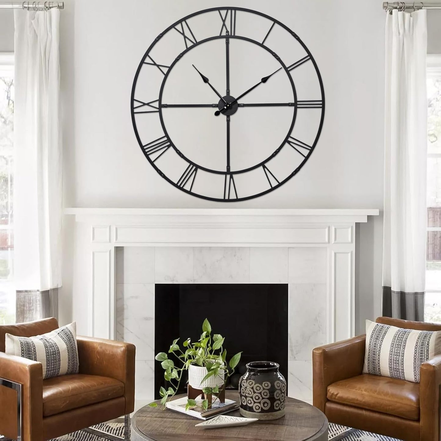 Large Wall Clock for Living Room Decor – 32 Inch Silent Non-Ticking Modern Farmhouse Wall Clock, Oversized Decorative Metal Roman Numeral Clock, Black