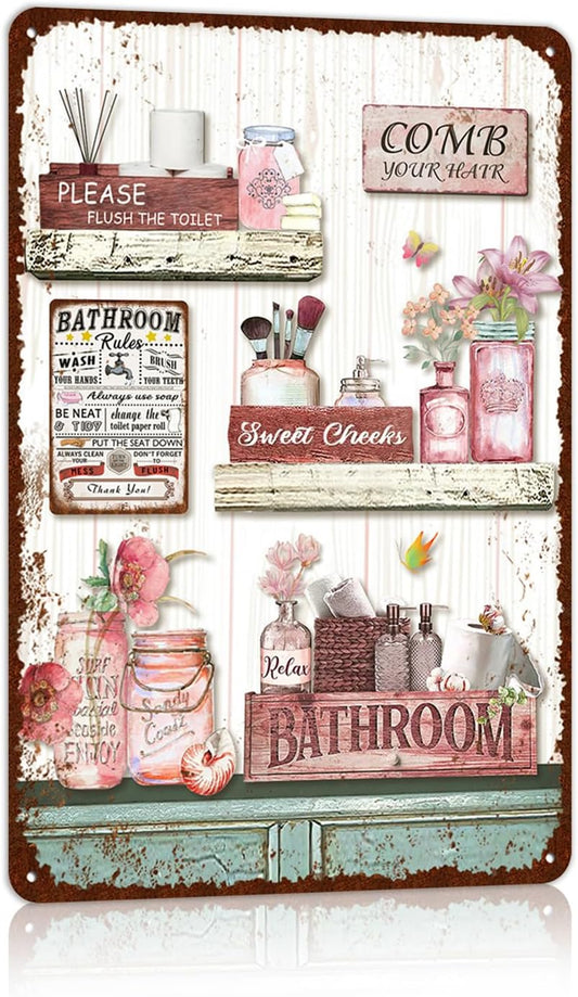 Vintage Farmhouse Bathroom Metal Tin Signs Rustic Flower Country Wall Art Decor 8X12 Inches