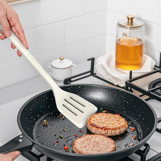 Silicone Cooking Utensils Set - 600°F Heat Resistant, Nonstick Kitchen Utensil Set with Spatulas, Spoons, Whisk, Tongs, BPA Free, Dishwasher Safe, Cream White