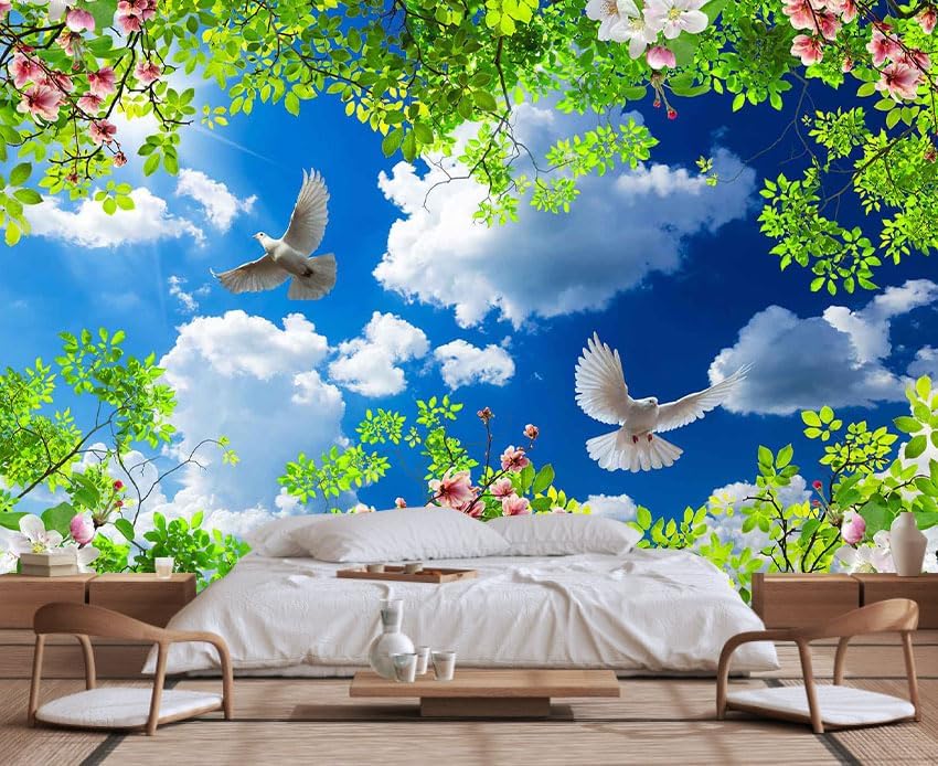 Green Plants Wrapped in Pigeons Flying Freely Under The Blue Sky and White Clouds Wallpaper for Large Background Wall murals(Non-self-Adhesive)