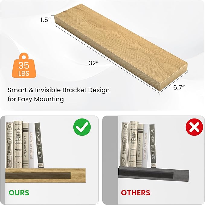 Floating Shelves for Wall, 31.5" W x 6.7" D x 1.5" H, Wooden Wall Mounted Display Shelves with Invisible Brackets for Living Room, Bedroom, Bathroom, Kitchen Decor and Storage, Set of 2, Oak