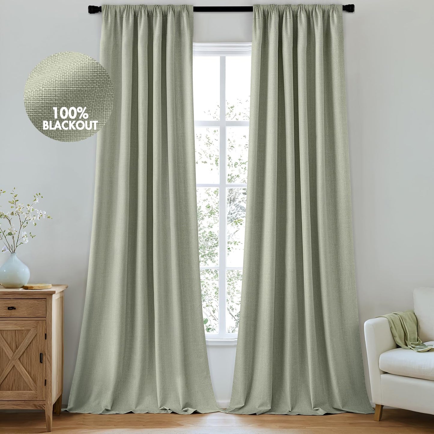 MIULEE 100% Blackout Curtains 102 Inch Long 2 Panels for Bedroom, Thick Luxury Faux Linen Black Out Curtain Room Darkening Back Tab Pleat Window Textured Drapes with Hooks for Living Room, Sage Green