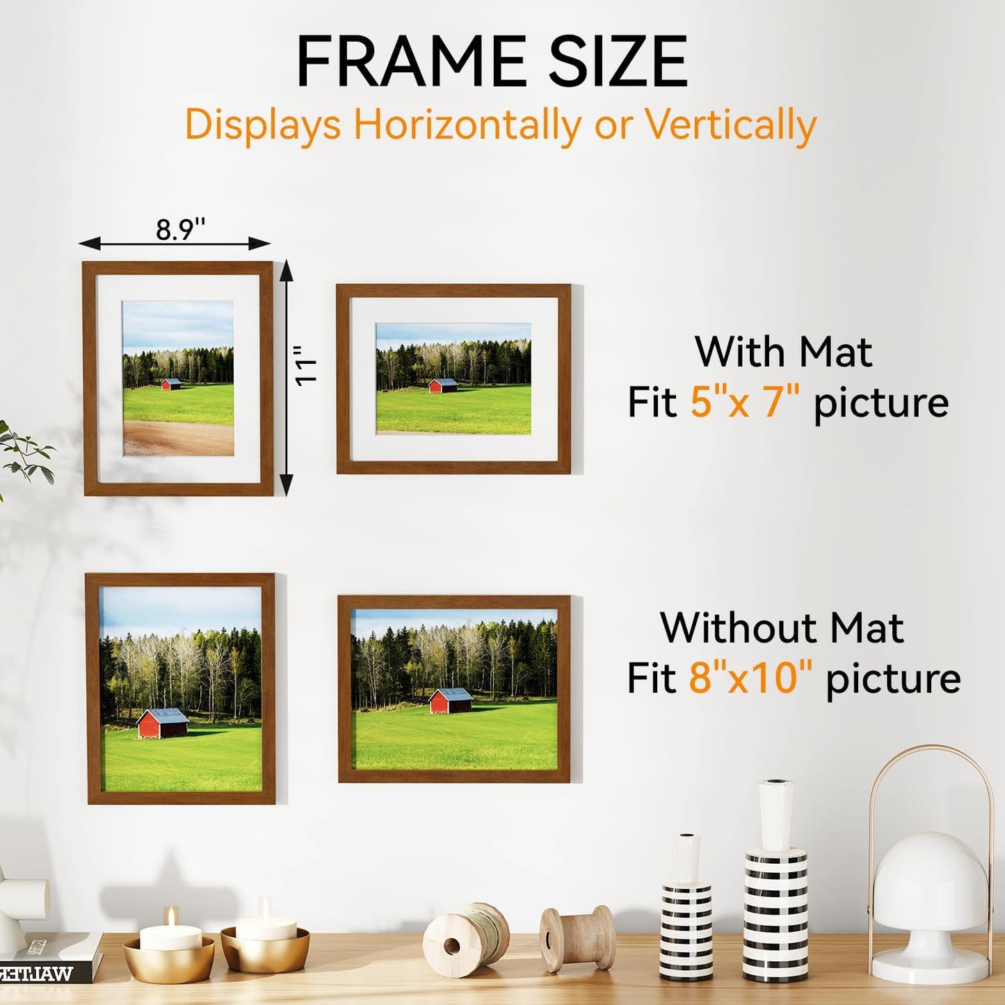 IBUYKE 8x10 Picture Frame,Solid Oak Wood 8x10 Photo Frame with Mat to 5x7,10x8 Picture Frames With Tempered Glass,Tabletop or Wall Mount Display,Home Decor,Walnut Oak 8 x 10 Frame,UWPF0810H