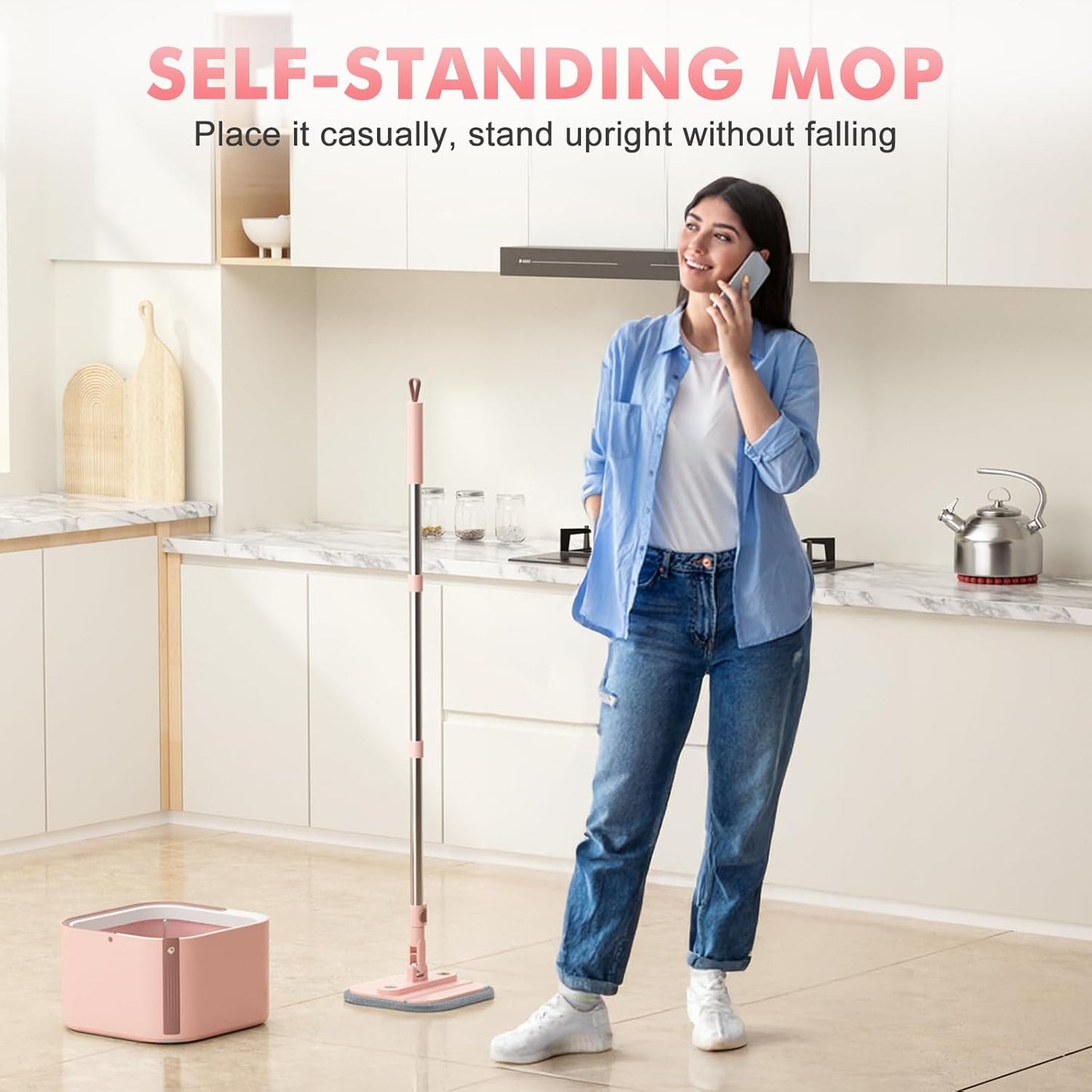 Upgraded Spin Mop and Bucket Set Self-Standing Mop Bucket Separate Dirty and Clean Water System Self Wringing 360° Rotating 90° Foldabl Mops and Buckets for Floor Cleaning (Pink, 6Pads)