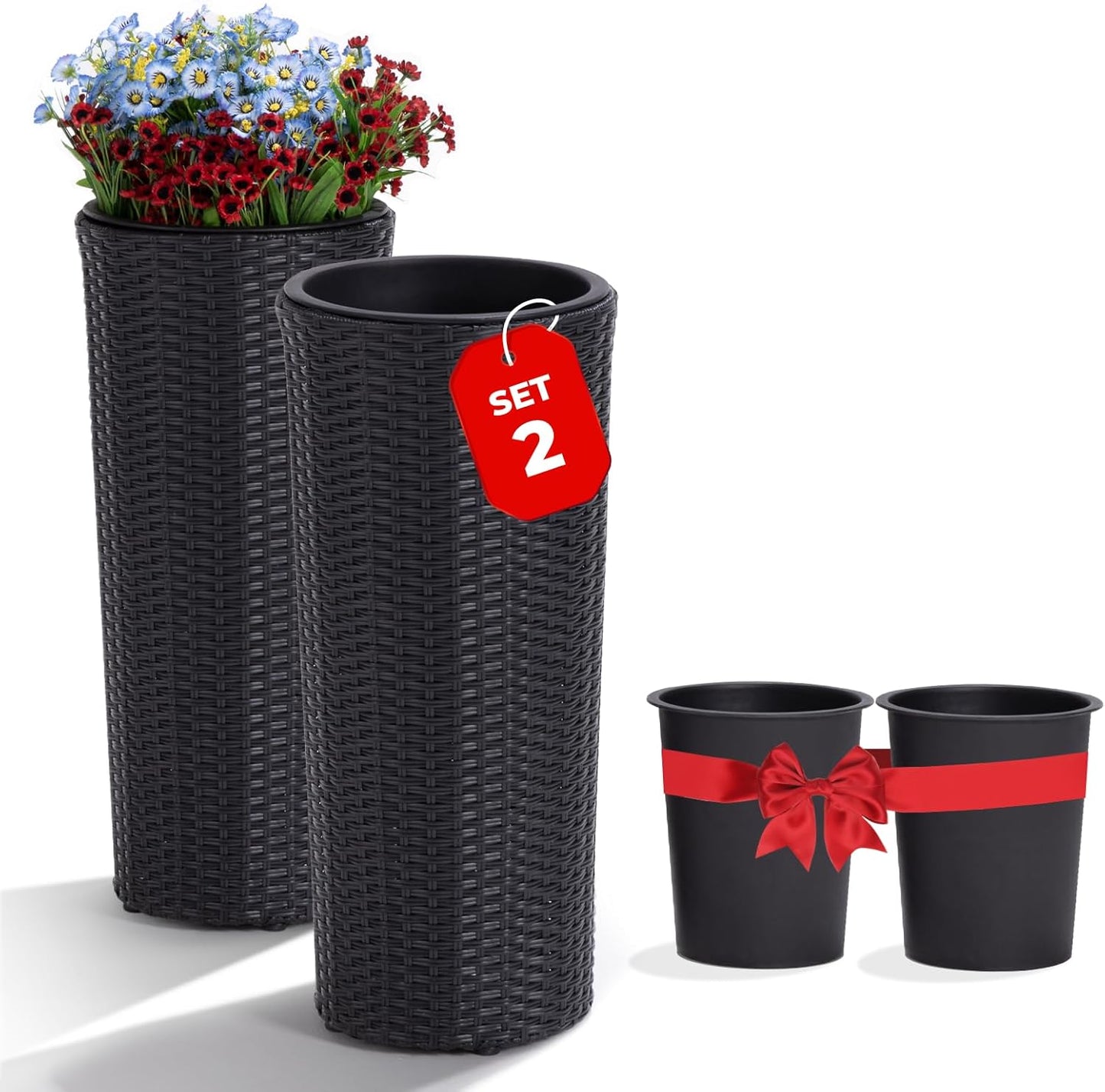 IDZO All Weather Wicker Planters for Outdoor Plants Set of 2, 24 inch Tall Black Planter for Front Porch, Patio, Balcony, Indoor Usage - Round Rattan Flower Pots