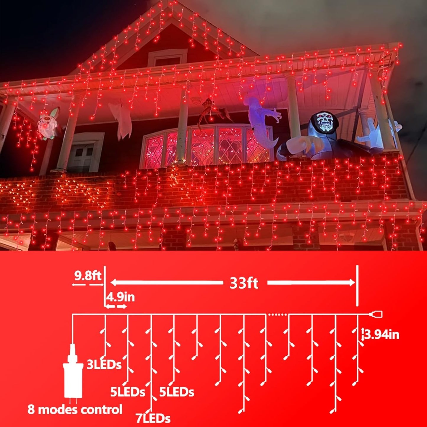 QITONG Red Halloween Lights for Outside, 33ft 400 LED Icicle Light with 8 Modes, 80 Drops Clear Wire Connectable Christmas Lights Indoor Plug in