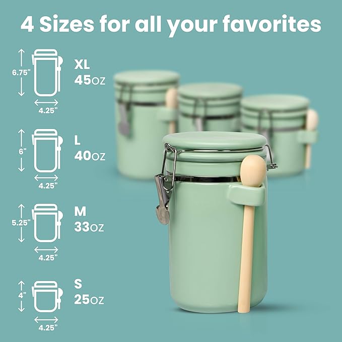 Home Intuition 4-Piece Ceramic Kitchen Canisters Set, Airtight Containers with Wooden Spoons Reusable Chalk Labels and Marker for Sugar, Coffee, Flour, Tea (Mint)