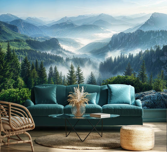 Misty Pine Forest Wallpaper Mountain Peaks Landscape Landscape Wall Mural (Not Peel and Stick)