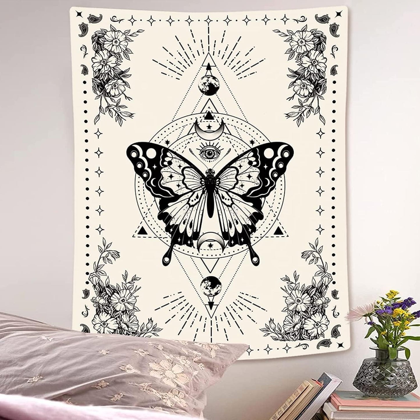 Lunerfex Boho Butterfly Tapestry Small Tapestry Tarot Tapestries Moon Phase Aesthetic Tapestries Wall Hanging for Bedroom and Living Room Decor Butterfly 70×90 Inches