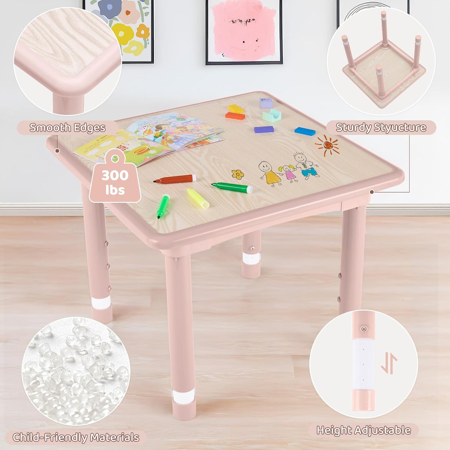 Kids Table and 2 Chairs Set, Height Adjustable (17.7"-26.1") Toddler Table and Chair Set, Multi-Activity Table with Graffiti Desktop, Children’s Table and Chairs for Classroom, Home & Daycare