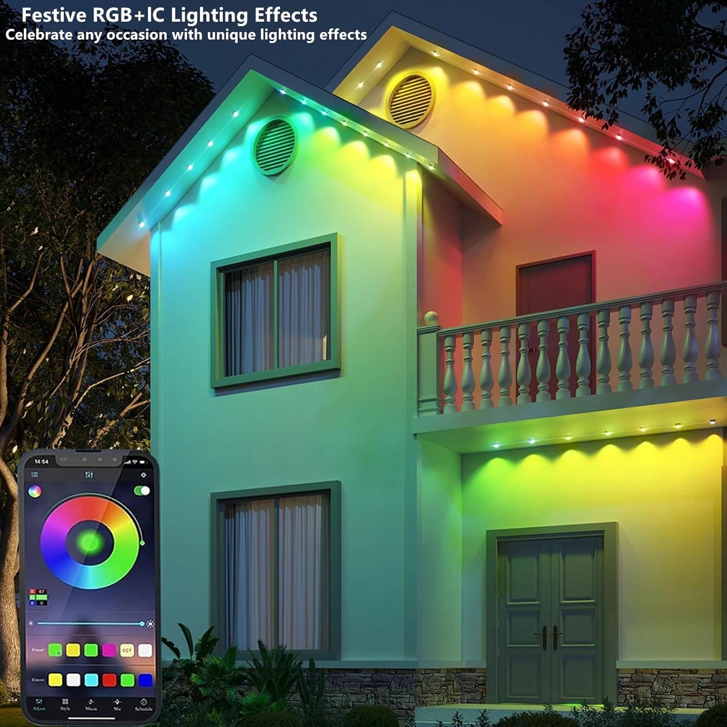 Permanent Outdoor Lights,100ft RGB + IC Smart LED Eaves Lights with App & Remote Control, IP67 Waterproof,for Christmas and All Holiday Decor,Daily and Accent Lighting,House Roof and Garden Lighting