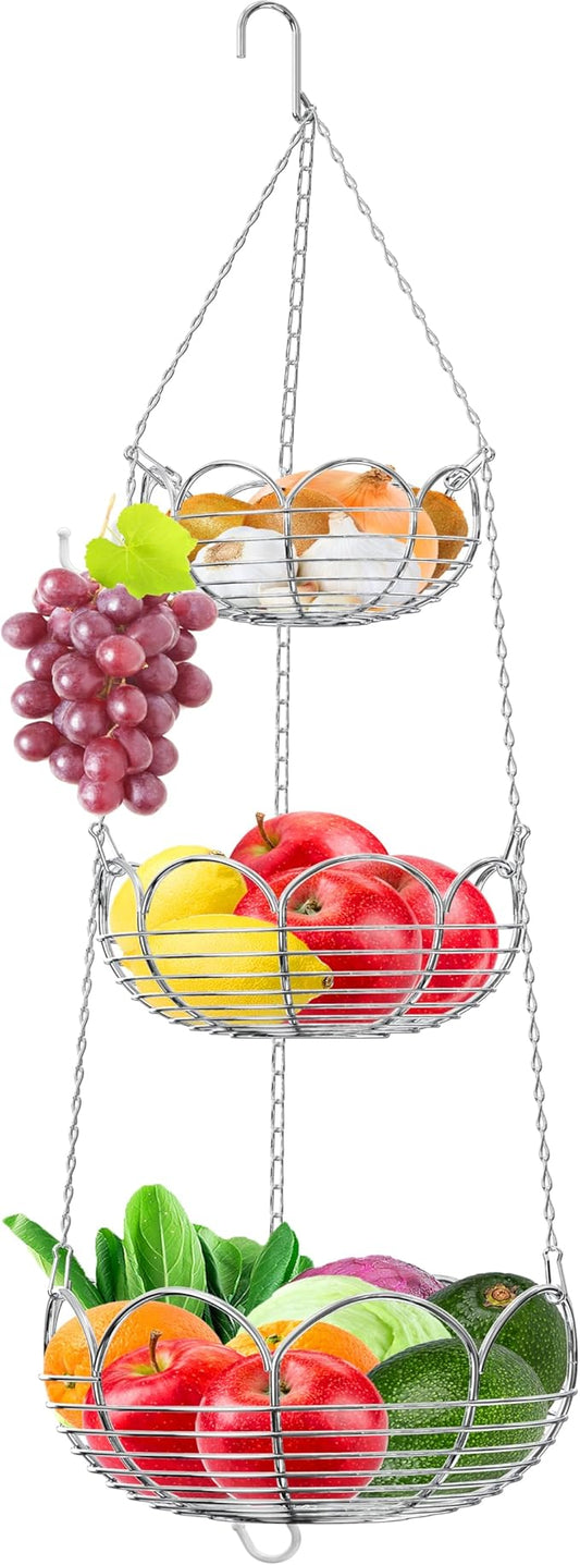 Simple Houseware Modern 3-Tier Hanging Fruit Basket, Chrome