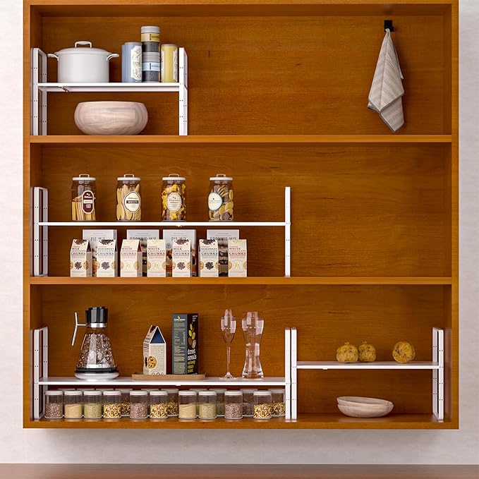 iPEGTOP Expandable Cabinet Storage Shelf Organizer Rack, Heavy Duty Steel Metal Spice Rack Adjustable Height Pantry Garage Shelf Space Riser for Counter Kitchen Organization, White, 1 Pack