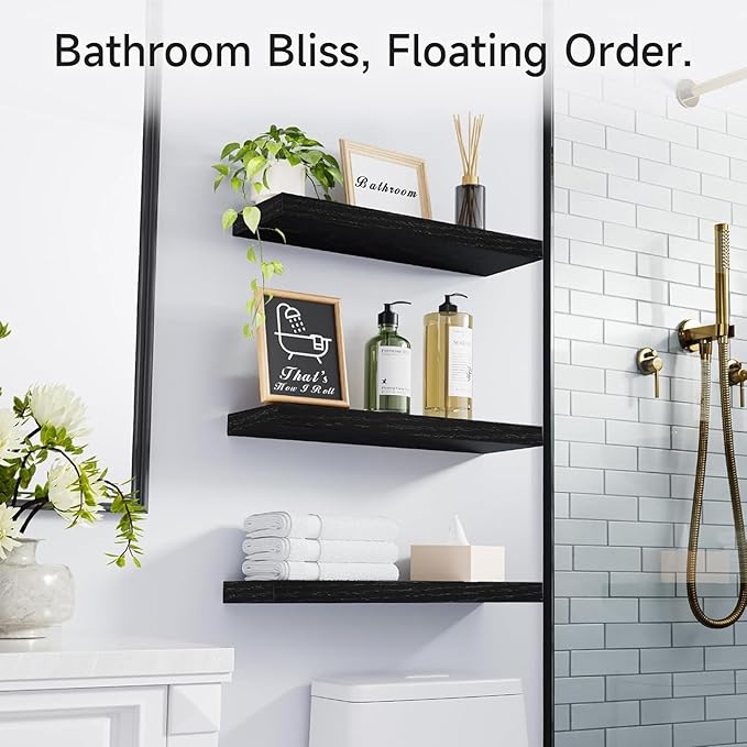 BAYKA Floating Shelves for Wall, Wall Mounted Rustic Wood Shelves for Bathroom, Bedroom, Living Room, Kitchen, Hanging Shelf for Books/Storage/Room Decor with 22lbs Capacity (Black, Set of 3, 15.7in)