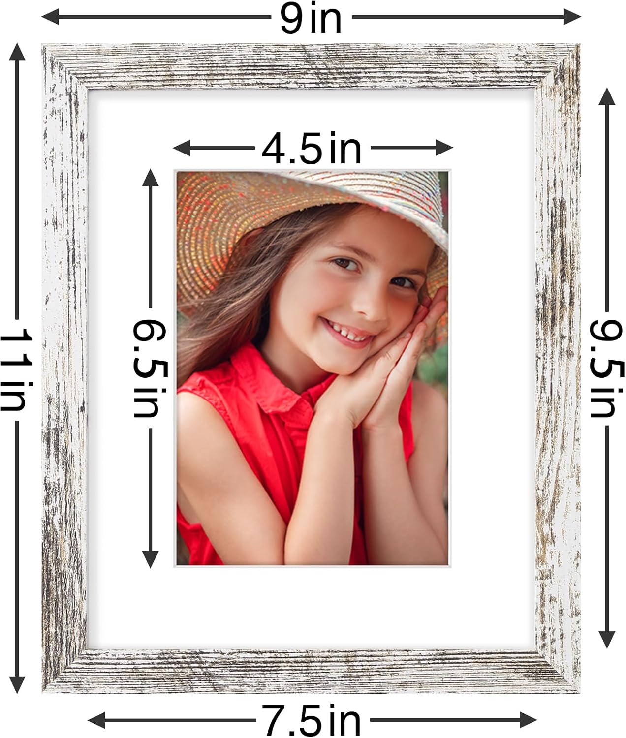 Vittanly 8x10 Picture Frames Set of 9, Shatter Resistant Plexiglass, Display 5x7 Pictures with Mat or 8x10 without Mat, Photo Frames for Wall or Tabletop, Engineered Wood, Distressed White