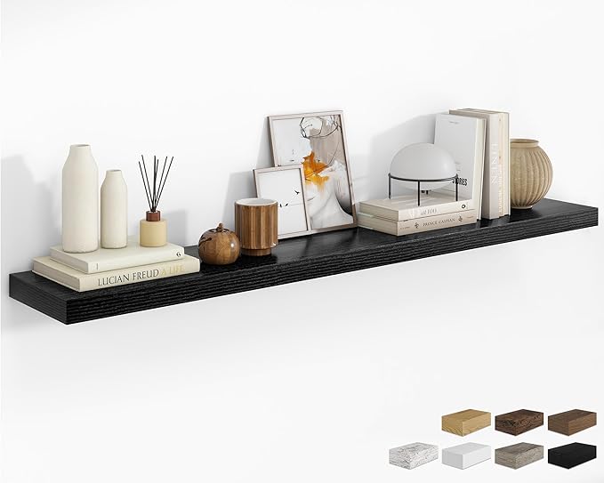 RICHFOCUS 72Inch Floating Shelves for Wall 1 Pack Shelves for Bedroom|Kitchen|Bathroom Wall Mounted Rustic Wood Floating Shelf with Invisible Brackets for Books|Storage|Decor, Black
