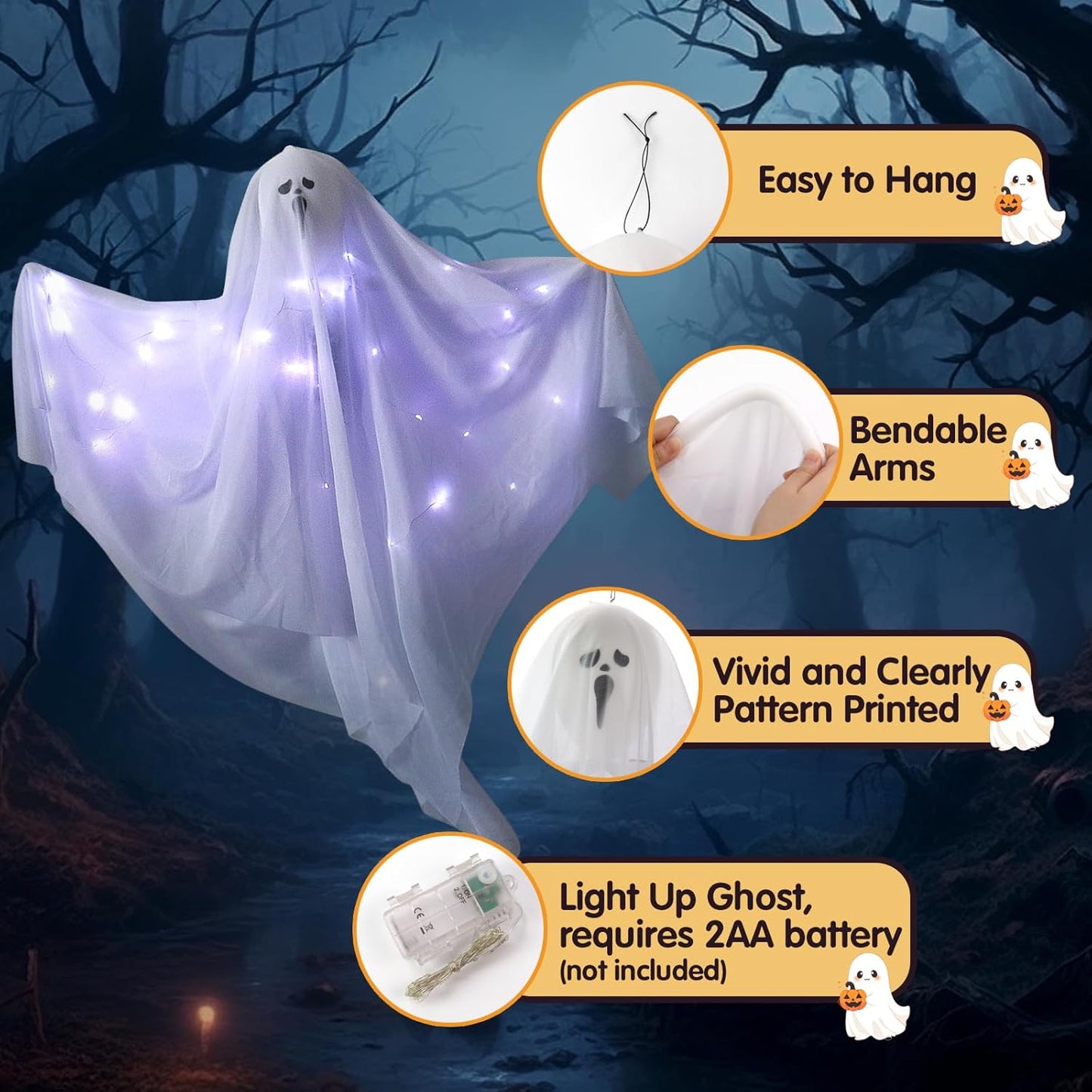 6 Pack Halloween Hanging Ghost Decorations with Lights, 27.5 Inch LED Light-Up Spooky Ghosts Indoor Outdoor Ornaments, Halloween Flying Hanging Ghosts for Haunted House Prop, Front Yard Patio Party