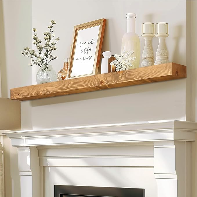 48x7x3 Fireplace Mantel - Solid Rustic Wood - Wall Mounted Floating Shelf with Invisible Heavy Duty Steel Bracket (Natural Wood)