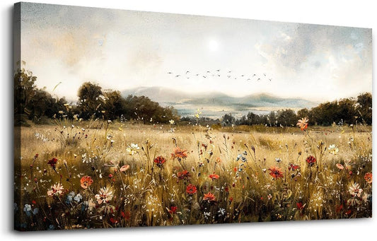 KELIYUAN Canvas Wall Art For Kitchen Dining Room Vintage Decor, Lawn Paintings With Flowers Wall Decor Prints Home Office Living Room Bedroom Decoration Home Decor, Can Be Hung Directly 20 "X 40"