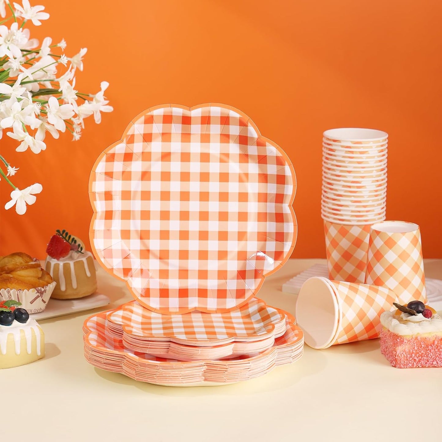 175 Pcs Orange and White Gingham Party Supplies - Orange Gingham Paper Plates and Napkins Sets Serve 25 - Scalloped Checkered Plates for Birthday Picnic Fall Halloween Thanksgivng Party Decorations