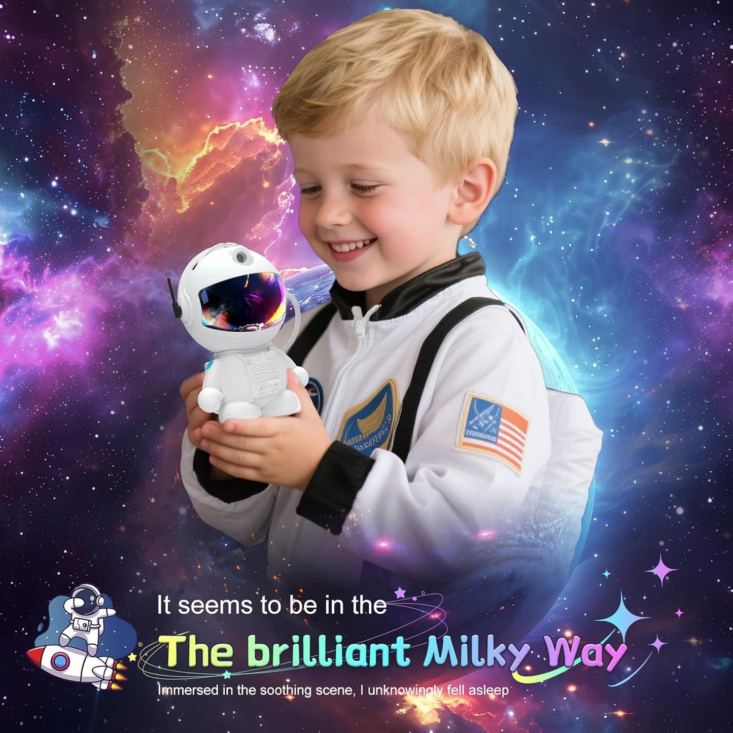 Space Galaxy Night Light Projector, Ultra-HD Astronaut Design, 12 Film Discs, LED Display with Adjustable Brightness