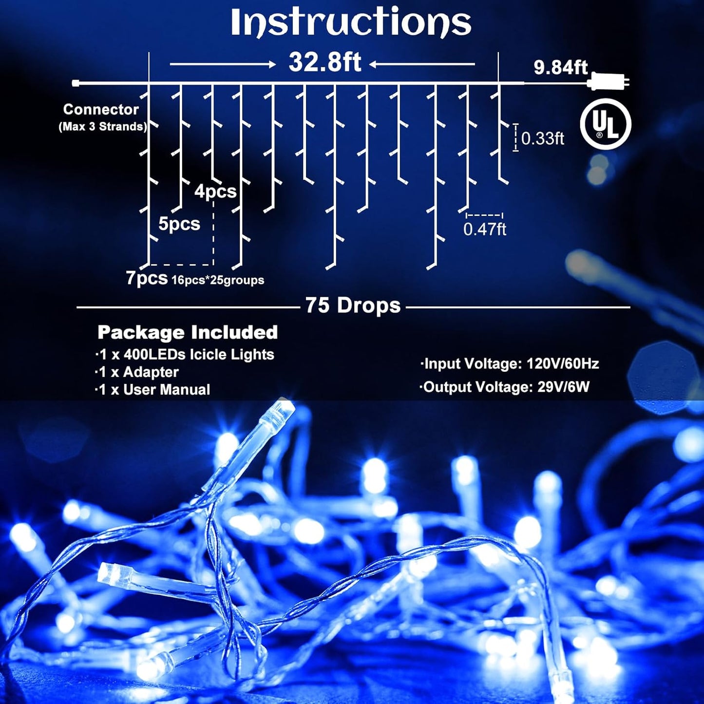 Icicle lights Outdoor - 33ft Christmas Lights with 400LED 75 Drops 8 Modes, Plug in Curtain String Lights Waterproof for Holiday Wedding Party Home Garden Bedroom Indoor Outdoor Decoration, Blue