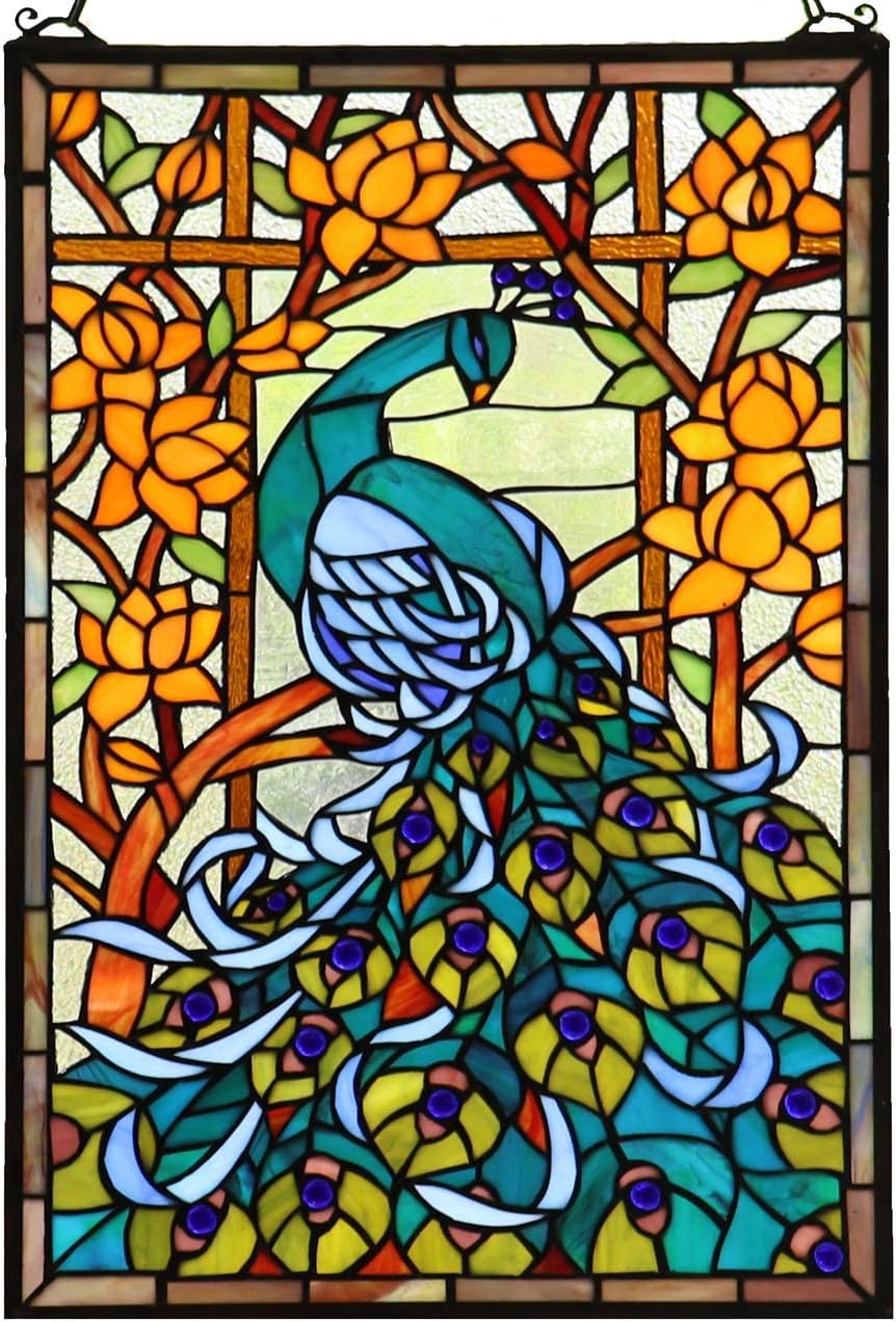 Bieye W10011 Peacock Tiffany Style Stained Glass Window Panel Hangings with Chain, 15" W x 23" H