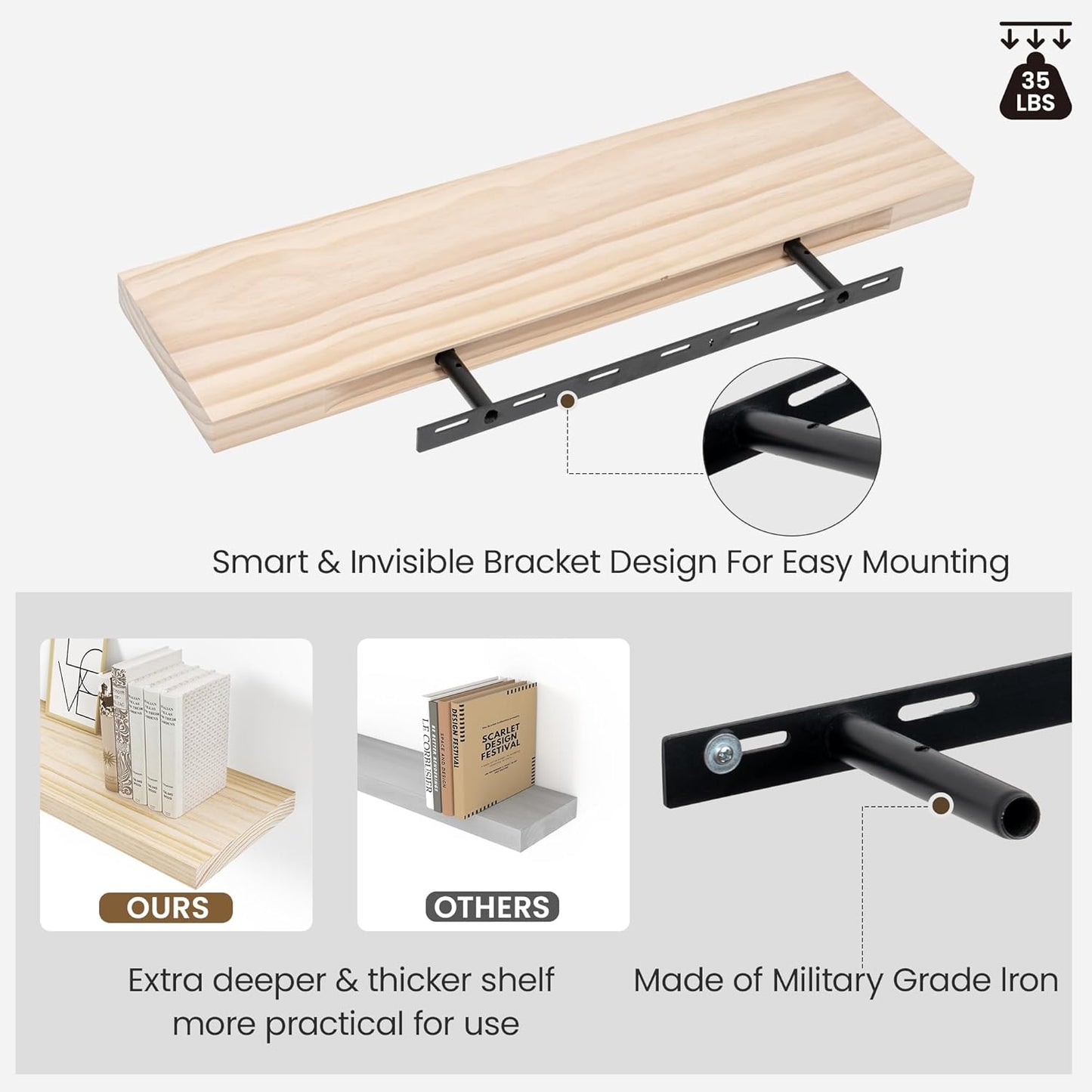 Natural Wood Floating Shelves 16”x 8”x 1.4” Book Shelf Floating for Wall Mounted, Heavy Duty Shelf Hold 35 lbs, Unfinished Wall Shelves for Bathroom, Living Room, Kitchen, Bedroom, Office